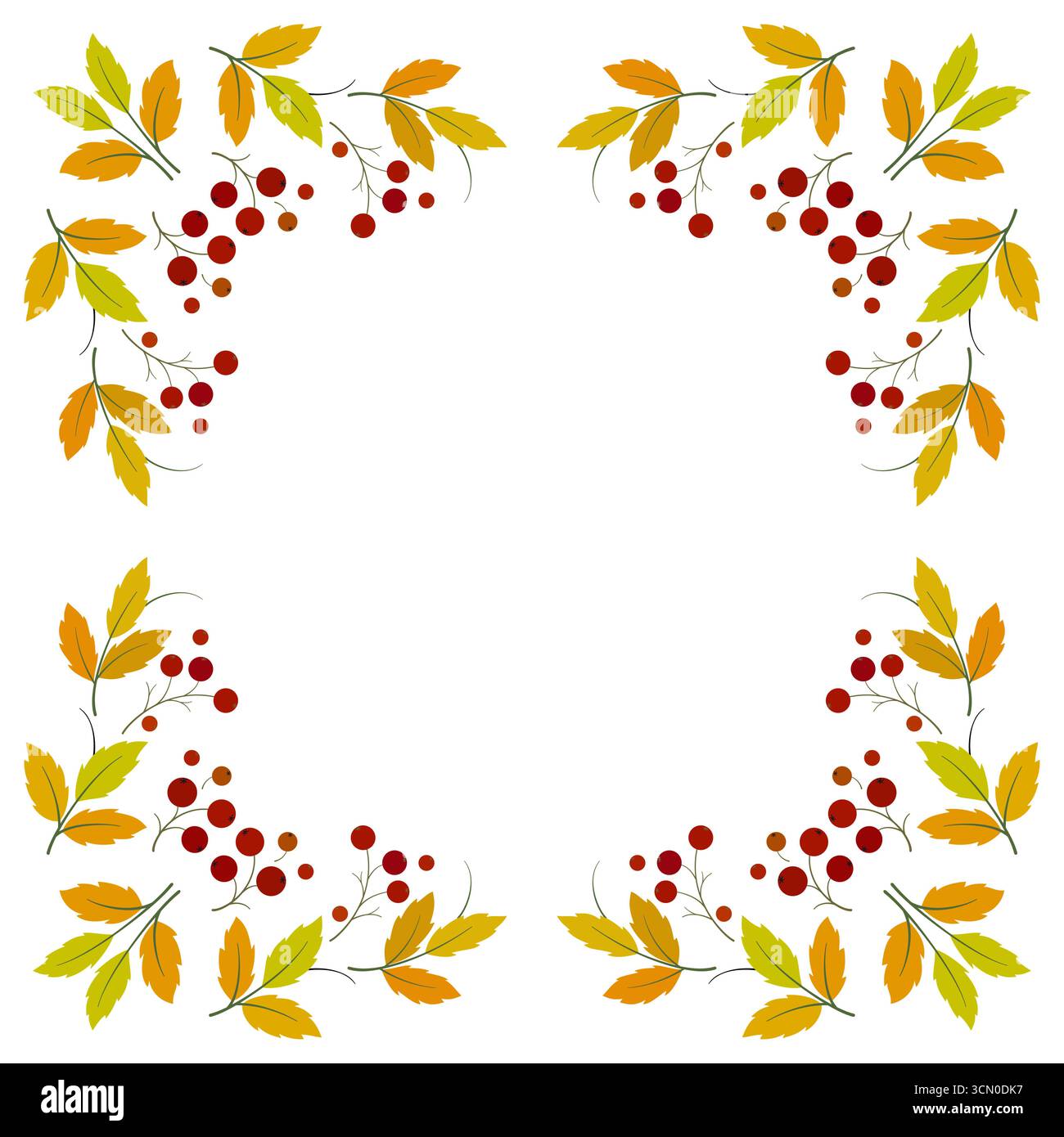 Corona autunnale di rowan con spazio per il testo. Ornamento floreale quadrato. ghirlanda di foglie luminose e bacche rosse su sfondo bianco. Impianto di caduta Illustrazione Vettoriale