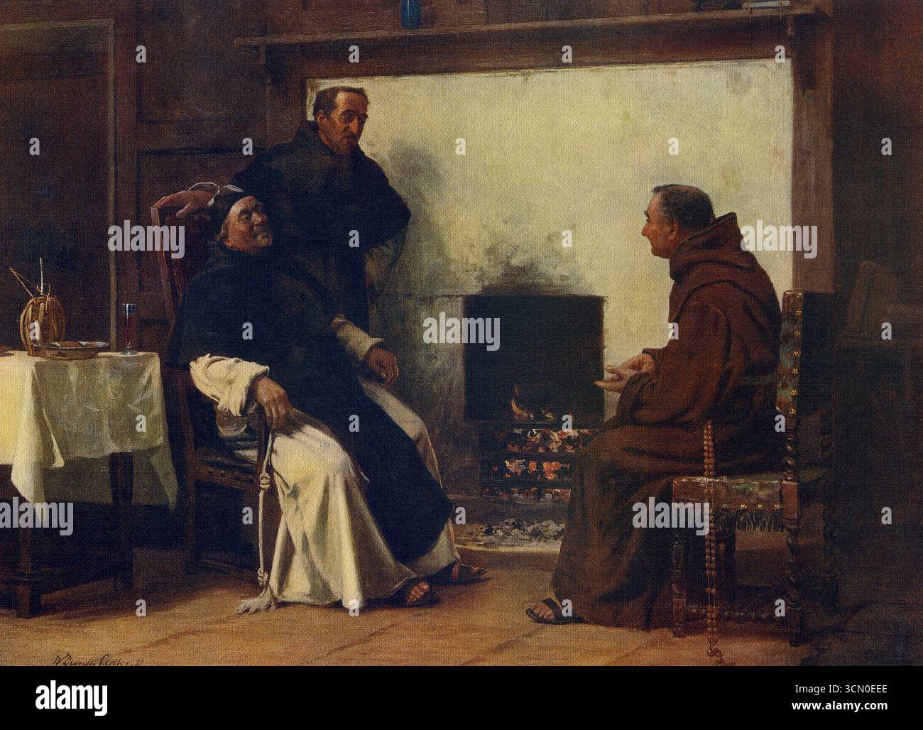 In questo dipinto (risalente al 1910 circa), l'artista inglese W Dendy Sadler includeva tre figure raggruppate da un incendio. I loro vestiti sono vari in modo da offrire un contrasto nei colori. Le figure e i volti sono espressivi e realistici. Foto Stock