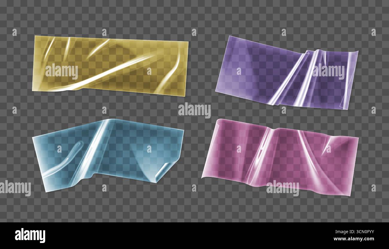 Strisce di nastro colorate trasparenti lucide in giallo, viola, blu e rosa. Pezzi adesivi trasparenti con trama increspata per lo scrapbooking o l'uso in ufficio. Adesivi in plastica lucida con superficie riflettente. Illustrazione Vettoriale