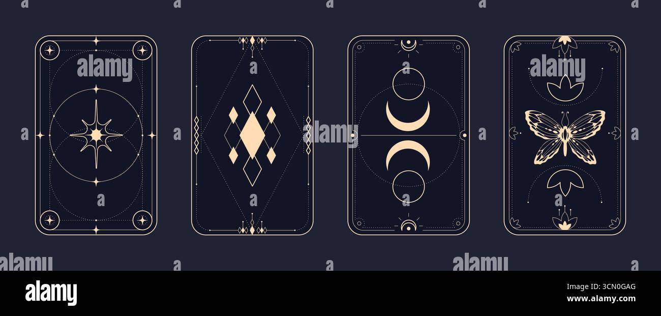 I disegni delle cornici dei Tarocchi includono simboli mistici ed elementi celesti per le carte divinazione. Bordi decorativi occulti con fasi lunari e motivi geometrici. Modelli esoterici per i ponti di fortuna. Illustrazione Vettoriale