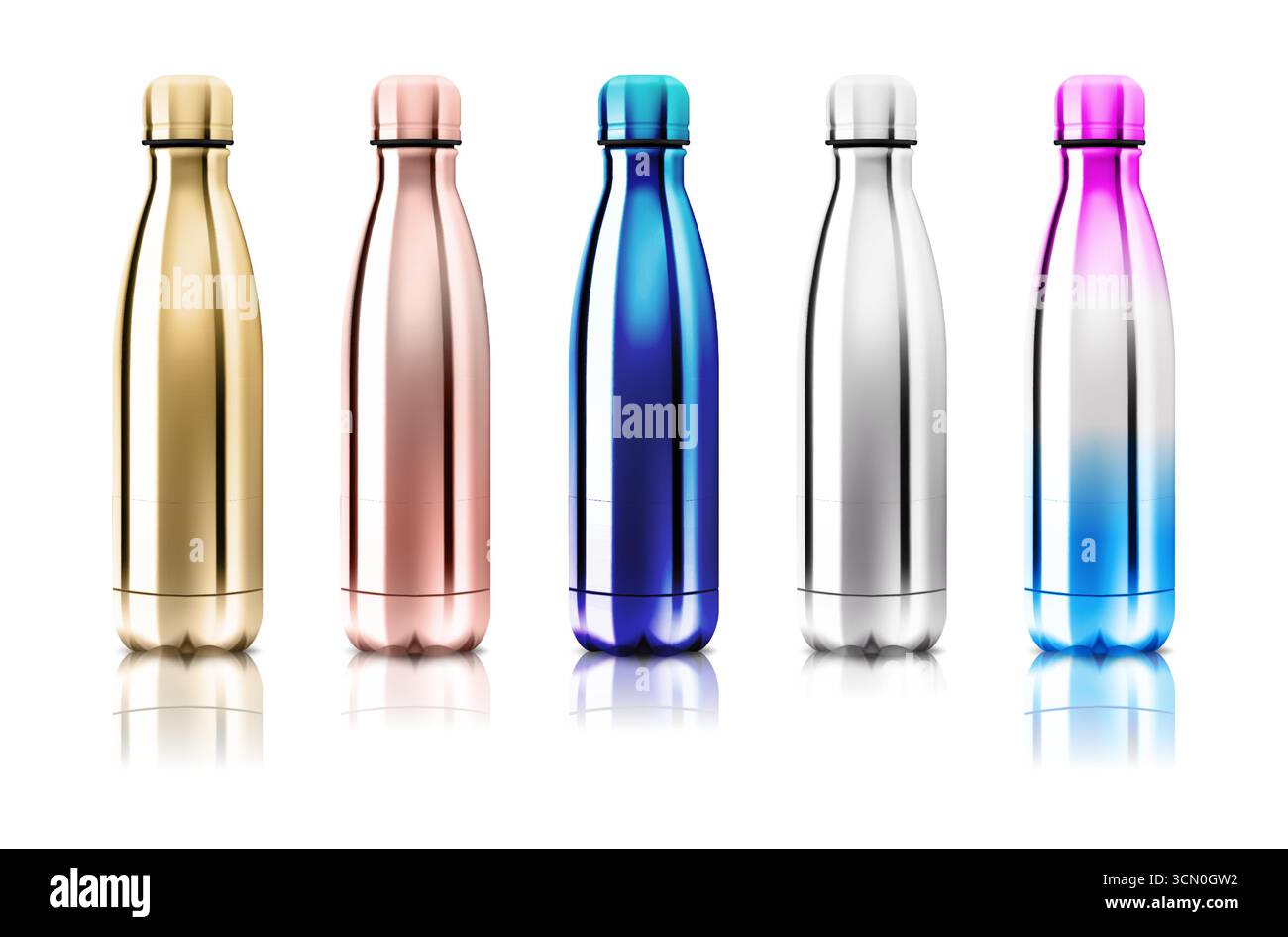 Vector Realistic 3d blu e oro vuoto metallo lucido bottiglia d'acqua riutilizzabile con set di argenti Chioseup su trasparenza griglia sfondo. Design Illustrazione Vettoriale