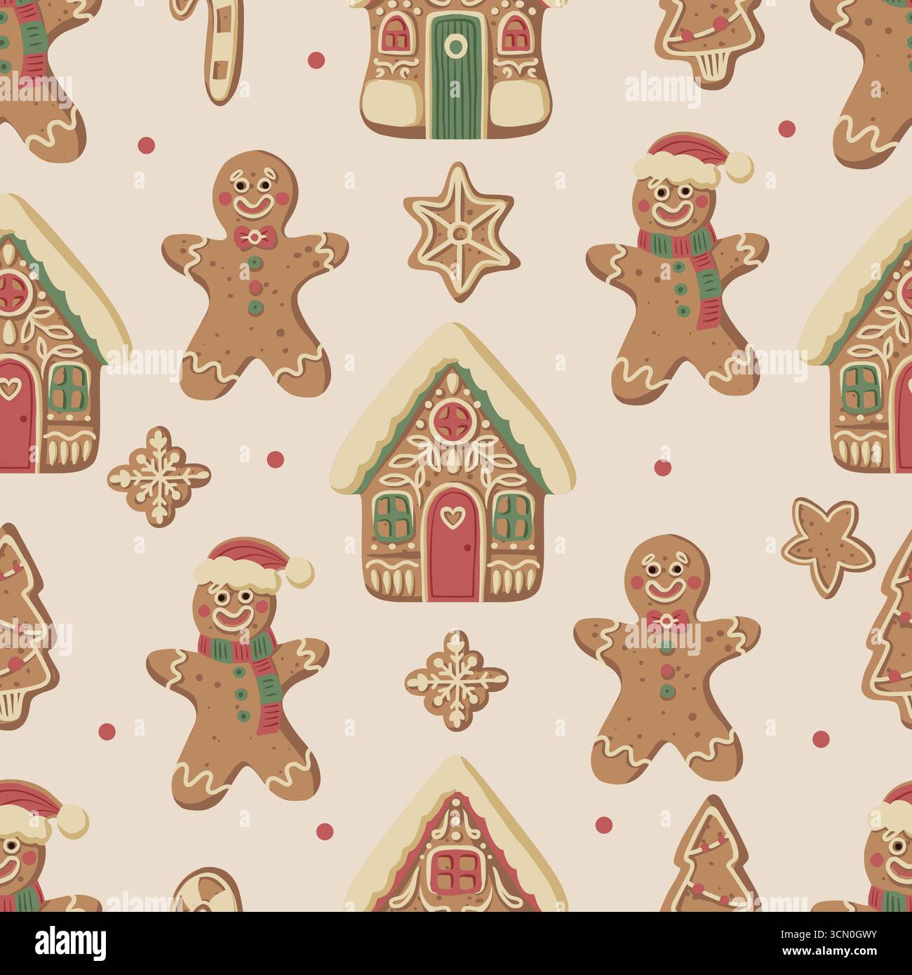Natale gingerbread gingerman modello senza cuciture con biscotti casalinghi fiocchi di neve guanti stelle festività Illustrazione Vettoriale