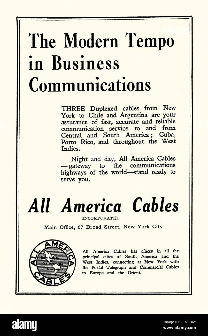 Un annuncio per tutti i cavi americani che promuovono il collegamento via cavo da New York USA al centro e al Sud America. È presente in un manuale del 1931 per viaggiare in Sud America. Nel 1867 la International Ocean Telegraph Company di James A Scrymser pose la prima linea di cavi dalla Florida a Cuba. Nel 1878 Scrymser incorporò la Mexican Cable Company e l'anno successivo la Central and South American Cable Company, i predecessori di All America Cables, Inc. I percorsi dei cavi sono stati ampliati nel corso degli anni per collegare gli Stati Uniti a tutto il Sud America - grafica vintage anni '1930. Foto Stock
