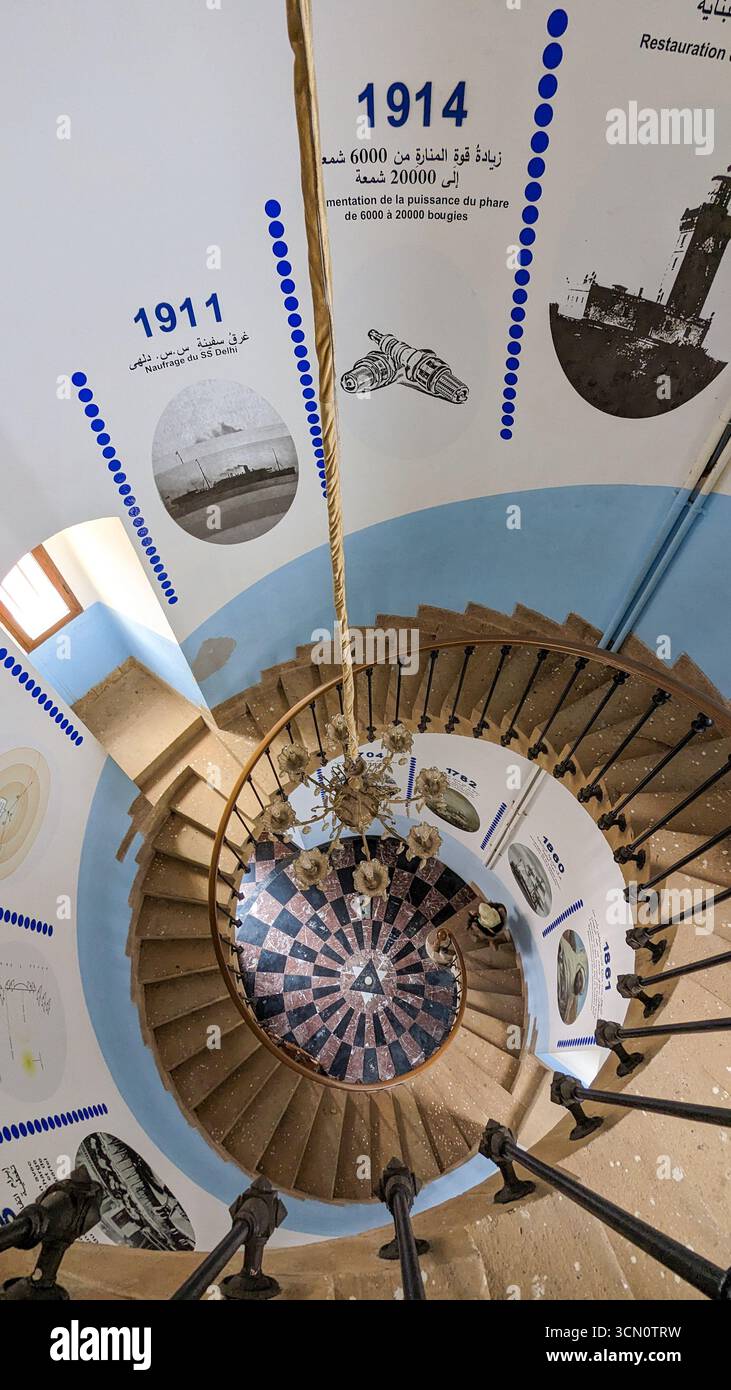 Vista dalla scala a chiocciola all'interno dello storico faro di Cap spartel, tangeri, marocco. la parete presenta una linea temporale e piastrelle geometriche del pavimento - Immagine stock catturata con smartphone