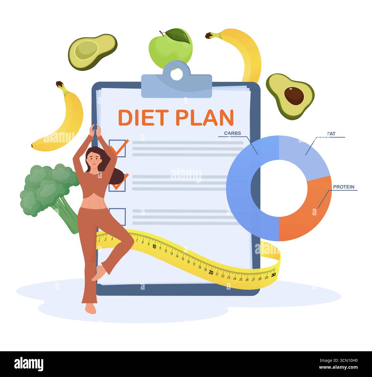 Donna che pratica yoga vicino a dieta, cibo sano e metro a nastro Illustrazione Vettoriale