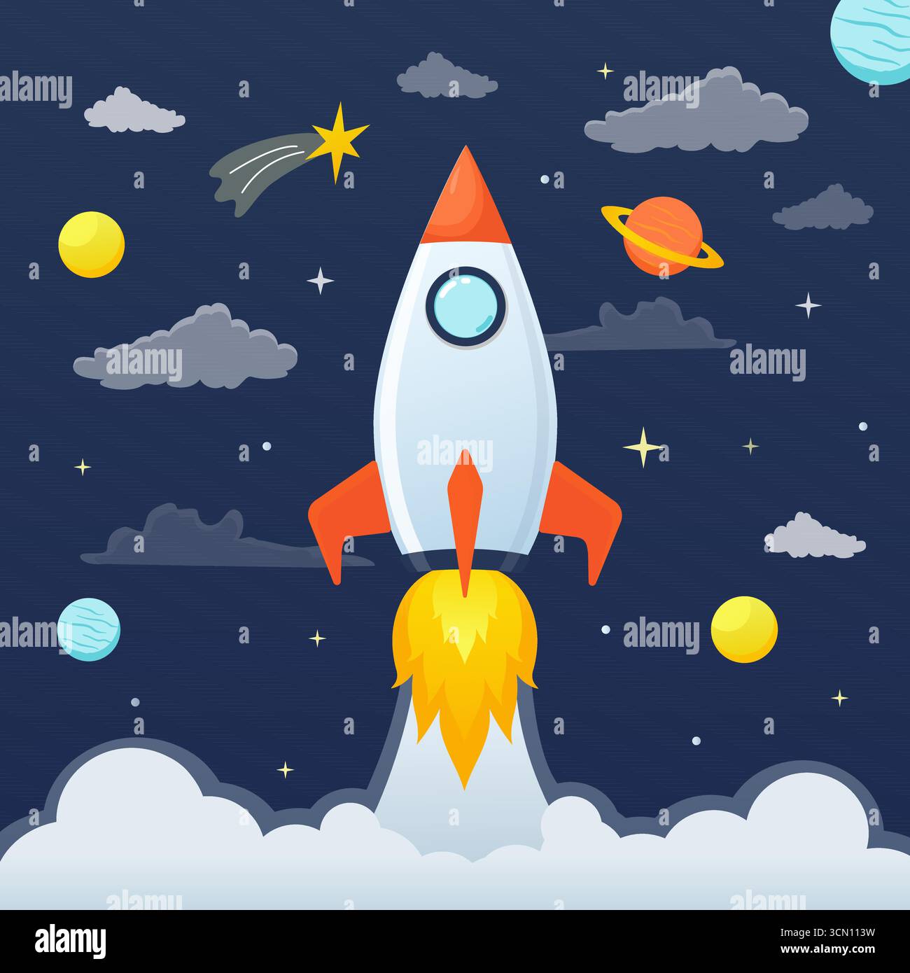 Navicella spaziale che lancia nello spazio con pianeti e stelle Illustrazione Vettoriale