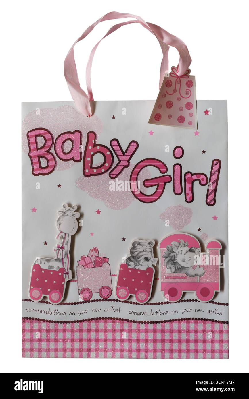 Borsa regalo cute Baby Girl isolata su sfondo bianco - Congratulazioni per il tuo nuovo arrivo Foto Stock
