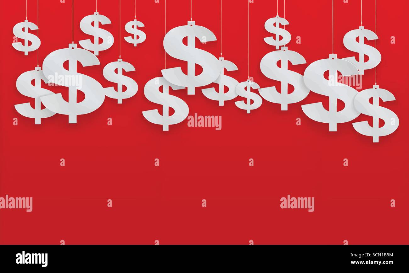 Simboli del dollaro appesi su sfondo rosso - illustrazione del vettore monetario e finanziario Illustrazione Vettoriale