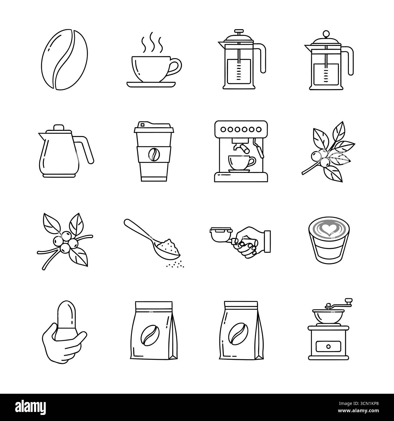 Set di icone vettoriali del caffè con vari elementi di caffè in un'illustrazione in stile art lineare e minimalista Illustrazione Vettoriale