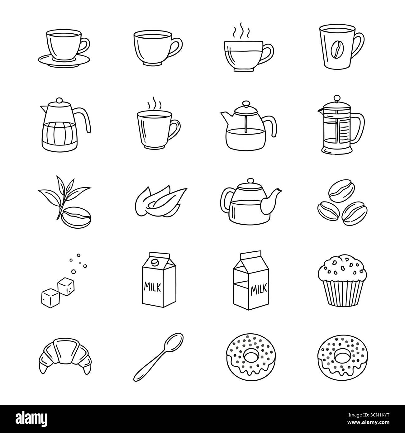 Arte vettoriale della collezione di icone del caffè e del tè con vari elementi aromatizzati in uno stile minimalista e pulito Illustrazione Vettoriale