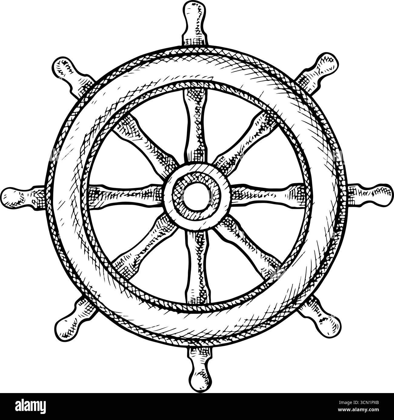 Spedire la ruota S. Grafica in bianco e nero, illustrazioni vettoriali disegnate a mano. Per decorare giochi e feste per bambini. Per gli adesivi, l'invito Illustrazione Vettoriale