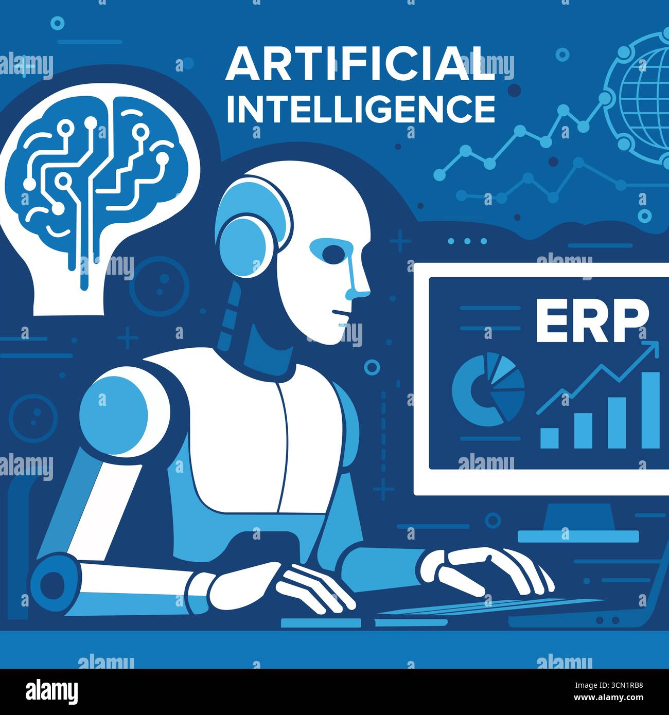 Robot di intelligenza artificiale con sistema ERP e concetto di trasformazione digitale, sfondo luce ERP, robot ai con dashboard ERP con umano digitale Illustrazione Vettoriale