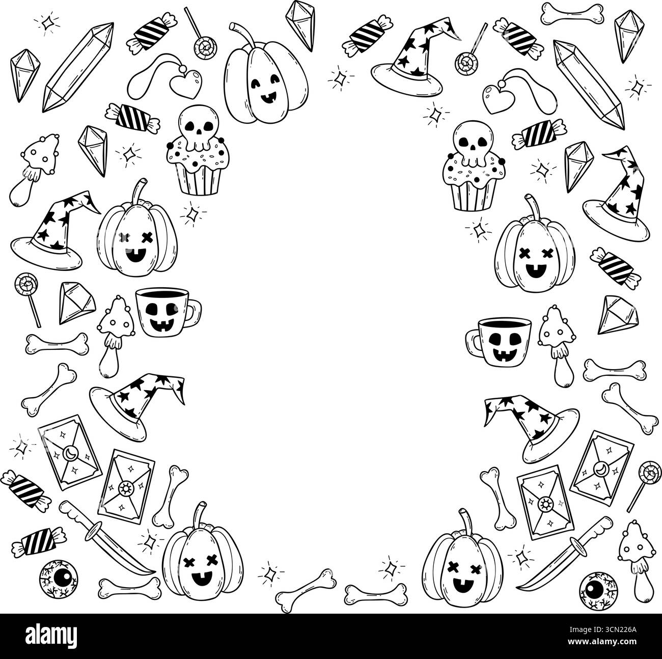 Contorno della cornice di Halloween con spazio vuoto al centro. Lanterna Pumpkin Jack, cupcake mistico e inquietante con teschio, fungo, tarocchi, cristallo e strega Illustrazione Vettoriale