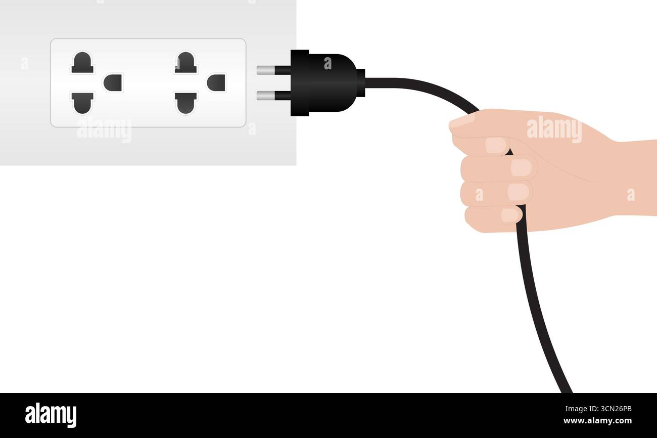 Estrazione manuale della spina elettrica dal connettore femmina . Scollegare la mano. Concetto di risparmio energetico. Illustrazione vettoriale Illustrazione Vettoriale
