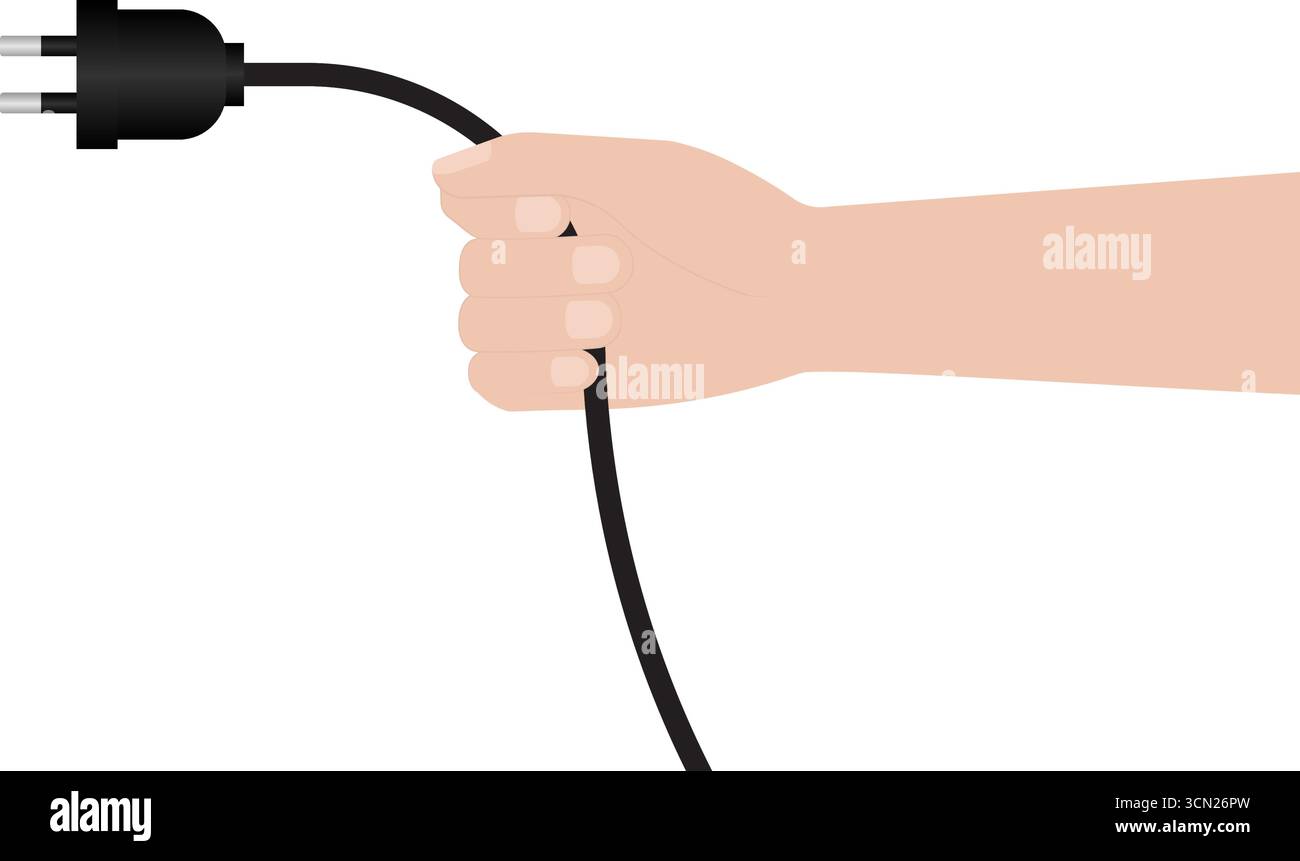 Presa elettrica con impugnatura. Estrazione manuale della spina elettrica dal connettore femmina. Scollegare la mano. Concetto di risparmio energetico. Illustrazione vettoriale Illustrazione Vettoriale