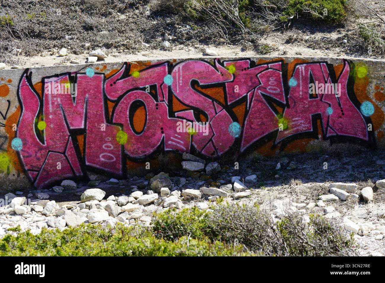 Pareti in graffiti rosa vividi su una barriera di cemento grezzo con ambiente naturale. Bonifacio, Corsica, Francia Foto Stock