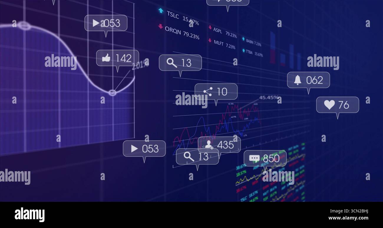 Visualizzazione del dashboard dei dati che mostra grafici a linee, grafici a barre e icone social sull'interfaccia utente con griglia blu scuro. Analisi, interfaccia, visualizzazione, tecnologia, DASH Foto Stock