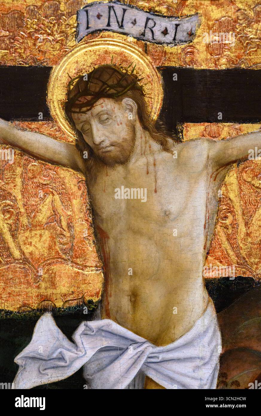 Gesù sulla Croce (un dettaglio). Crocifissione (1500 – 1510, regione di Spiš/Liptov, Slovacchia) di un pittore di Okoličné. Foto Stock