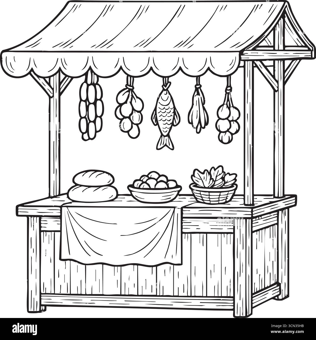 Cabina in legno disegnata a mano con stoffa drappeggiata e vassoi di pane e prodotti. Illustrazione Vettoriale