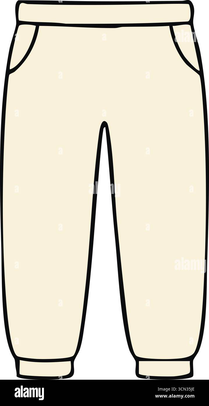 Comodi pantaloni off white con vista frontale, fascia in vita e gambe affusolate per il massimo calore. Illustrazione Vettoriale