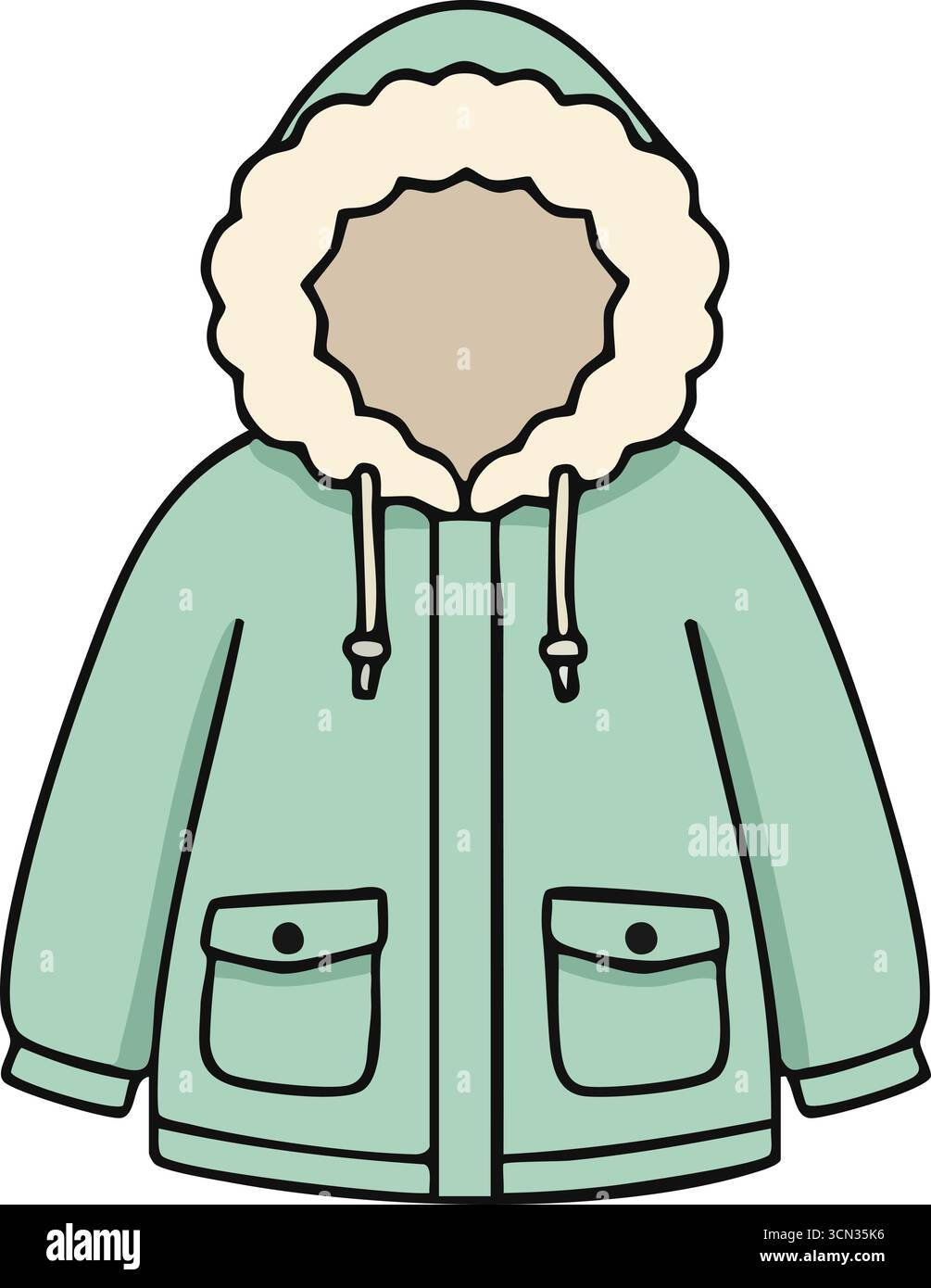 Caldo cappotto con cappuccio in verde tenue con cordoncino e due tasche con pattina. Illustrazione Vettoriale