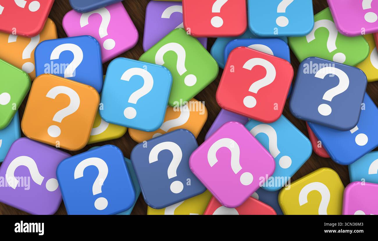 Simbolo del punto interrogativo e firma su molti badge colorati, domande dei clienti e informazioni sull'assistenza alle domande frequenti (faq) sul concetto di assistenza, vista dall'alto, illustrazione 3D di sfondo. Foto Stock