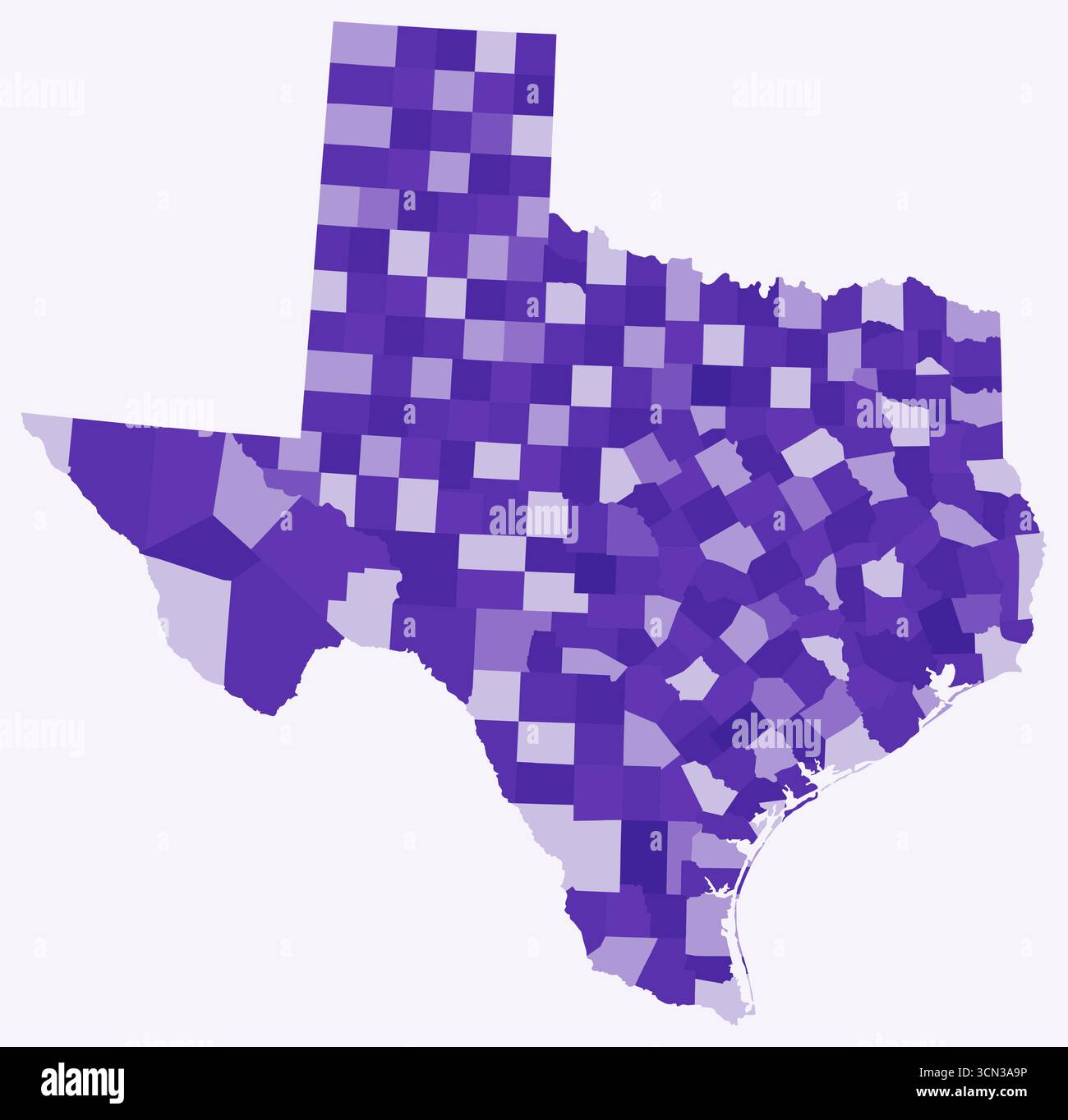 Mappa del Texas con le contee. Solo una semplice mappa del confine di stato con la divisione della contea. Tavolozza di colori viola intenso. Illustrazione Vettoriale