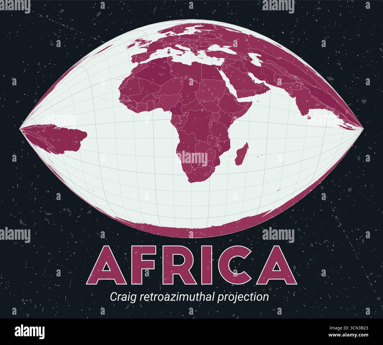 Africa. Mappa del mondo. Proiezione retroazimutale di Craig incentrata sull'Africa. Pallido Mint Dark Pink (Rosa scuro). Texture vintage. Illustrazione vettoriale classica. Illustrazione Vettoriale