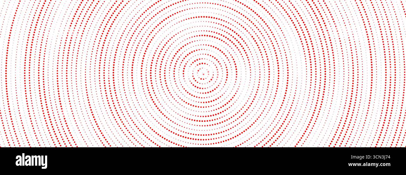 Sfondo cerchio concentrico con mezzitoni rossi. Sfondo ondulato sonico ondulato. Texture sfumata radiale tratteggiata. Sfondo ruvido rasterizzato vettoriale per epicentro, target, segnale radar, vibrazione, concetto di vibrazione Illustrazione Vettoriale