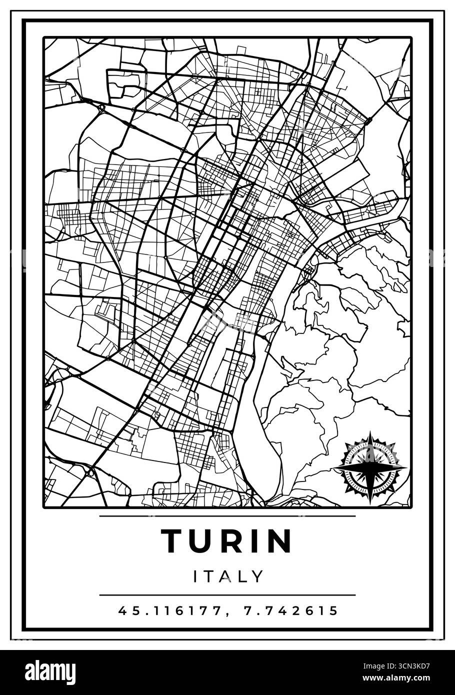 Mappe stradali di Torino, poster in bianco e nero con posizione coordinate e posizione bussola, Wall Art Home decor pronto per la stampa Illustrazione Vettoriale