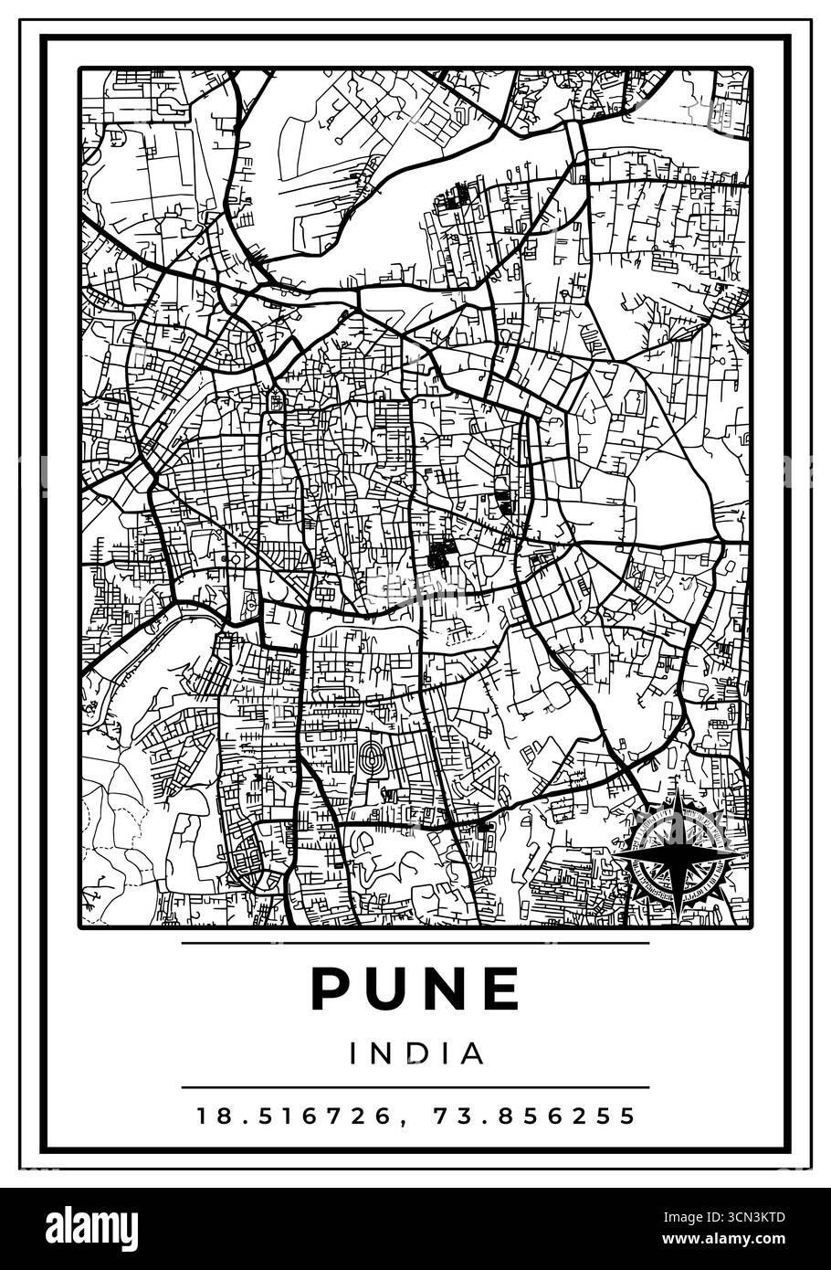 Mappe stradali di Pune City India, poster in bianco e nero con coordinate e posizione bussola, Wall Art Home decor pronto per la stampa Illustrazione Vettoriale