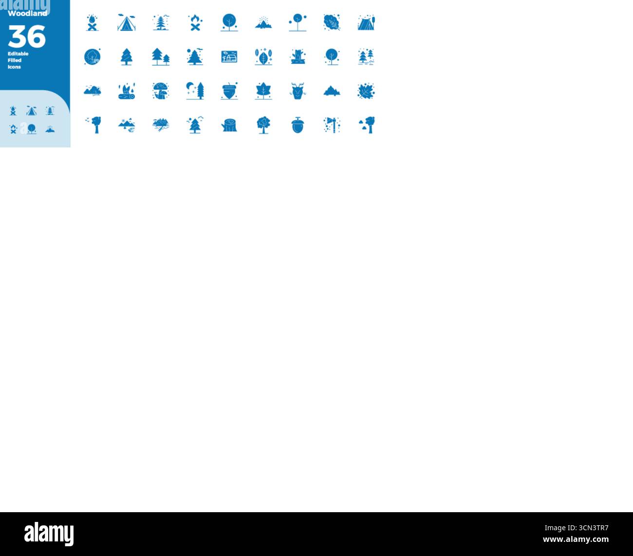 36 icone vettoriali nere accuratamente curate per Woodland, con risoluzione perfetta di 128 x 128 PIXEL per una rappresentazione coerente del marchio e dell'utente Illustrazione Vettoriale