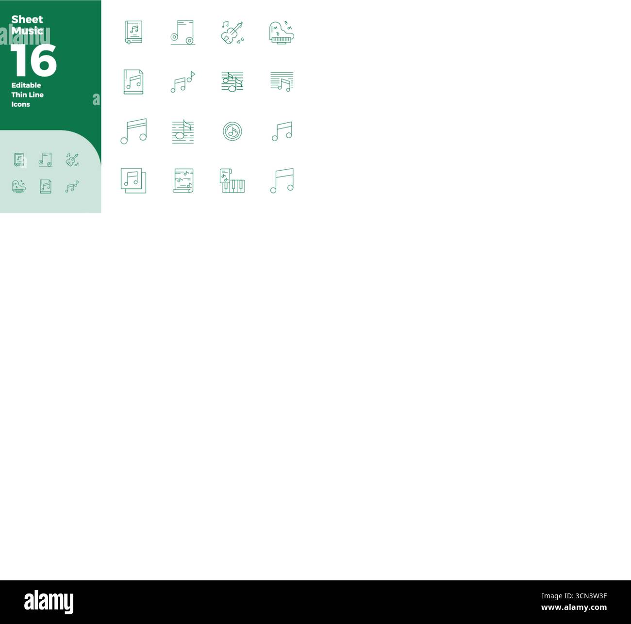 Trasforma i tuoi progetti con 16 icone vettoriali Thin Outline ispirate a Sheet Music, progettate in 128x128 PIXEL risoluzione perfetta per la massima chiarezza Illustrazione Vettoriale