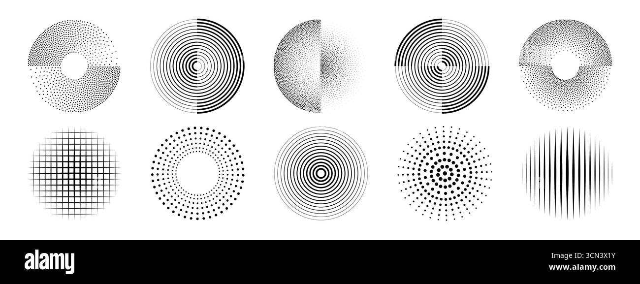 Cerchi ondulati con raccolta di pattern a punti per la progettazione grafica: Anelli concentrici, gradienti mezzitoni e trame a griglia. Elementi geometrici moderni irradiano per sfondi stampati o digitali. Illustrazione Vettoriale