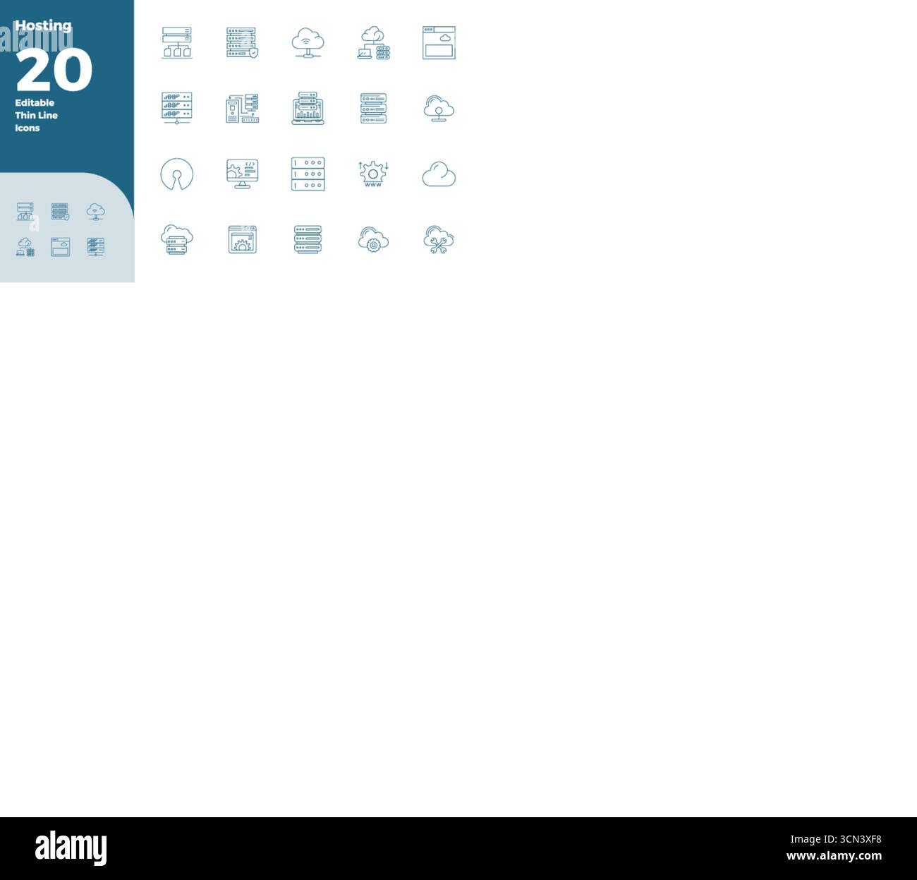 Sofisticato pacchetto di 20 icone vettoriali Slim Line per l'hosting, progettato con 128x128 PIXEL, chiarezza perfetta per applicazioni professionali. Illustrazione Vettoriale
