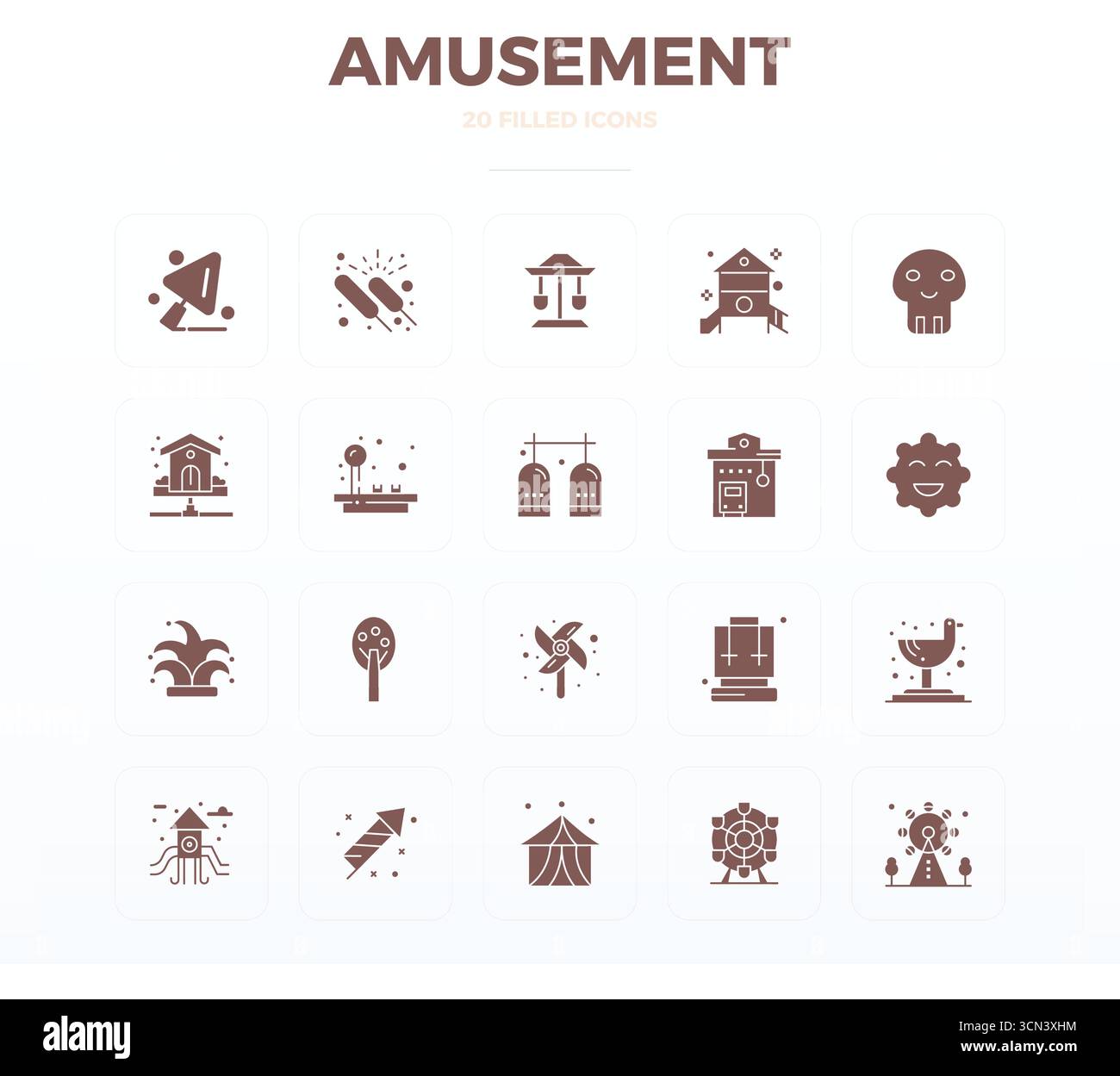 Set di 20 icone vettoriali Filled Glyph PIXEL Perfect ispirate a Amusement, realizzate con risoluzione 128x128 per una perfetta integrazione in app e siti Web Illustrazione Vettoriale