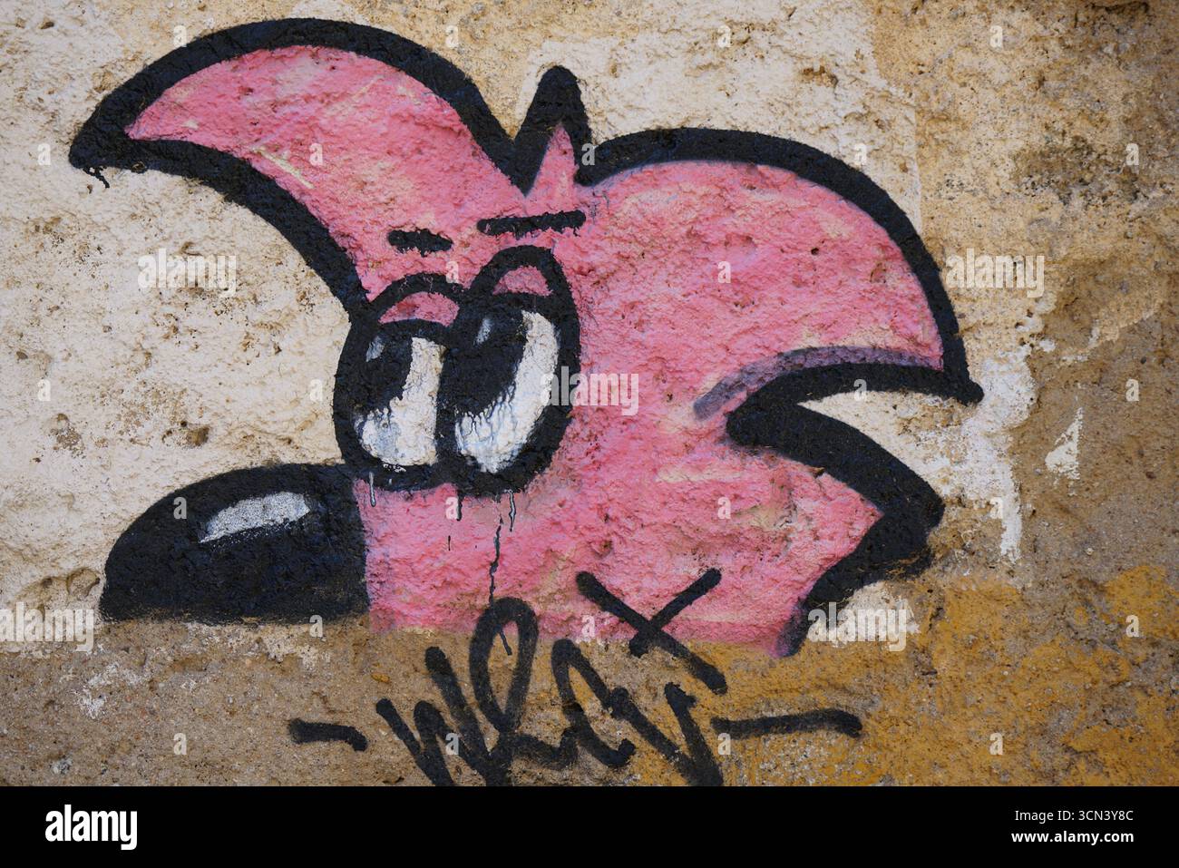 Murale rosa con graffiti di fenicottero su muratura in tempo, stravagante Street Art con contorno nero audace. Porto-Vecchio, Corsica, Francia Foto Stock