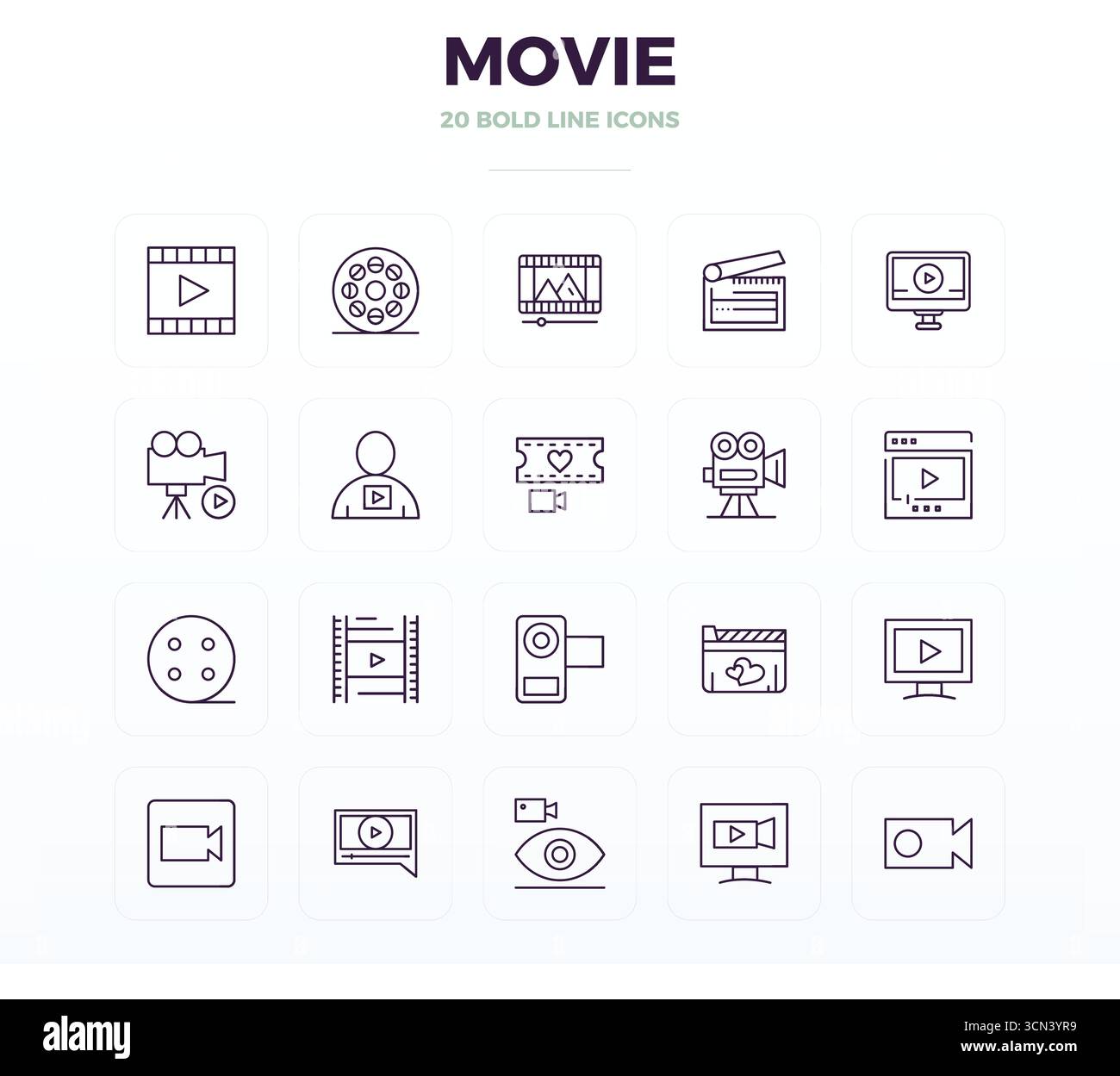 20 icone vettoriali Bold Outline progettate con precisione per filmati, con risoluzione perfetta di 128 x 128 PIXEL per una chiarezza e una scalabilità eccezionali. Illustrazione Vettoriale