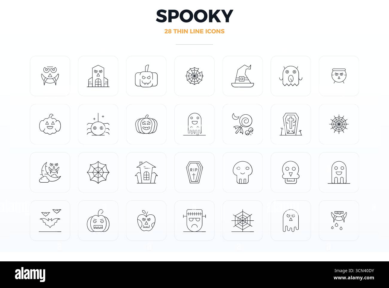 Confezione curata di 28 icone vettoriali 128 x 128 nel design Thin Line, incentrate sui concetti Spooky con una nitidezza perfetta DEI PIXEL. Illustrazione Vettoriale