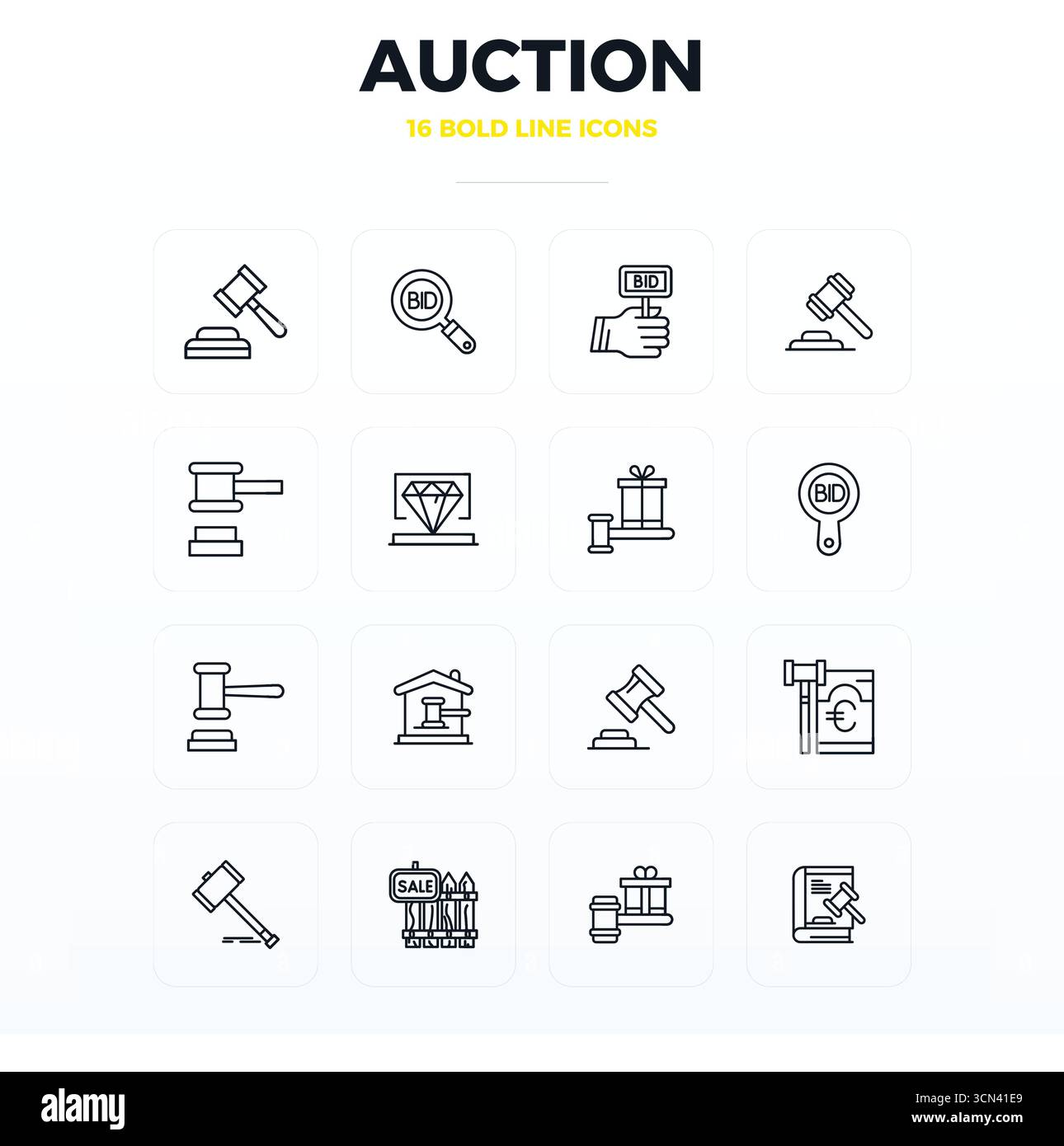 16 icone vettoriali Bold Outline progettate con precisione per Auction, con risoluzione perfetta di 128x128 PIXEL per una chiarezza e scalabilità eccezionali. Illustrazione Vettoriale