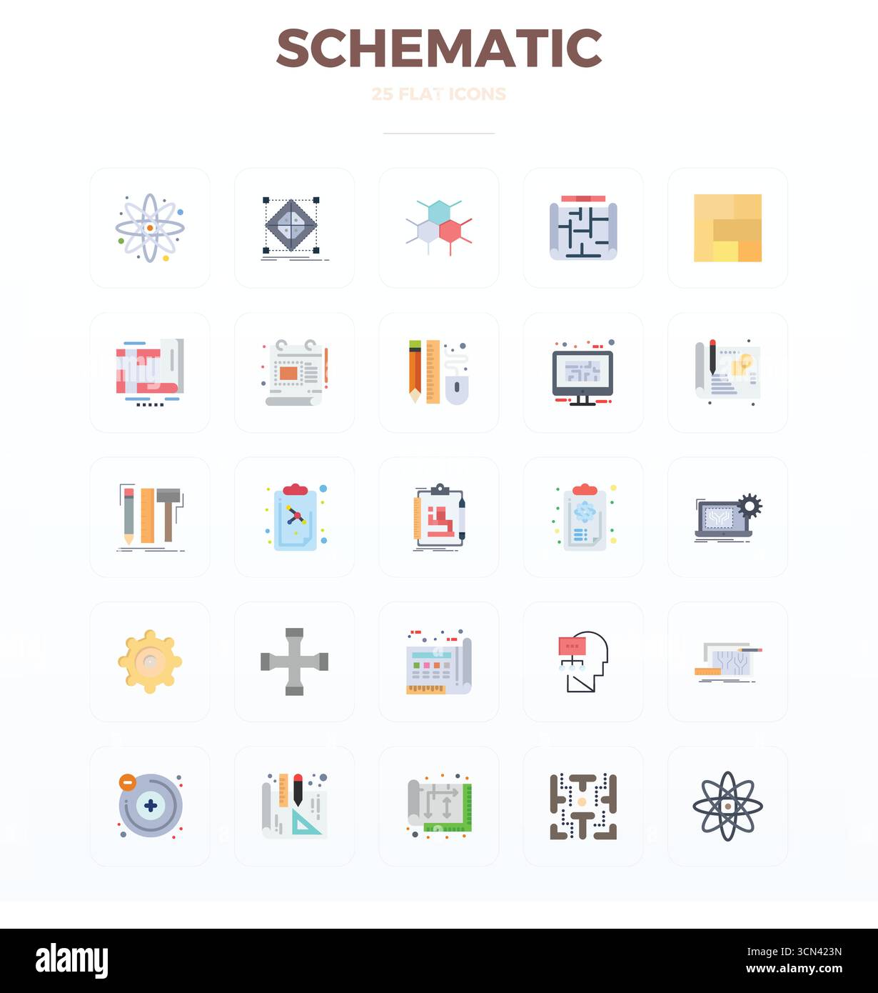 Confezione leader del settore di 25 icone vettoriali Flat PIXEL Perfect per Schematic, con dimensioni di 128x128 per un rendering ottimale e un'interfaccia utente di eccellenza. Illustrazione Vettoriale