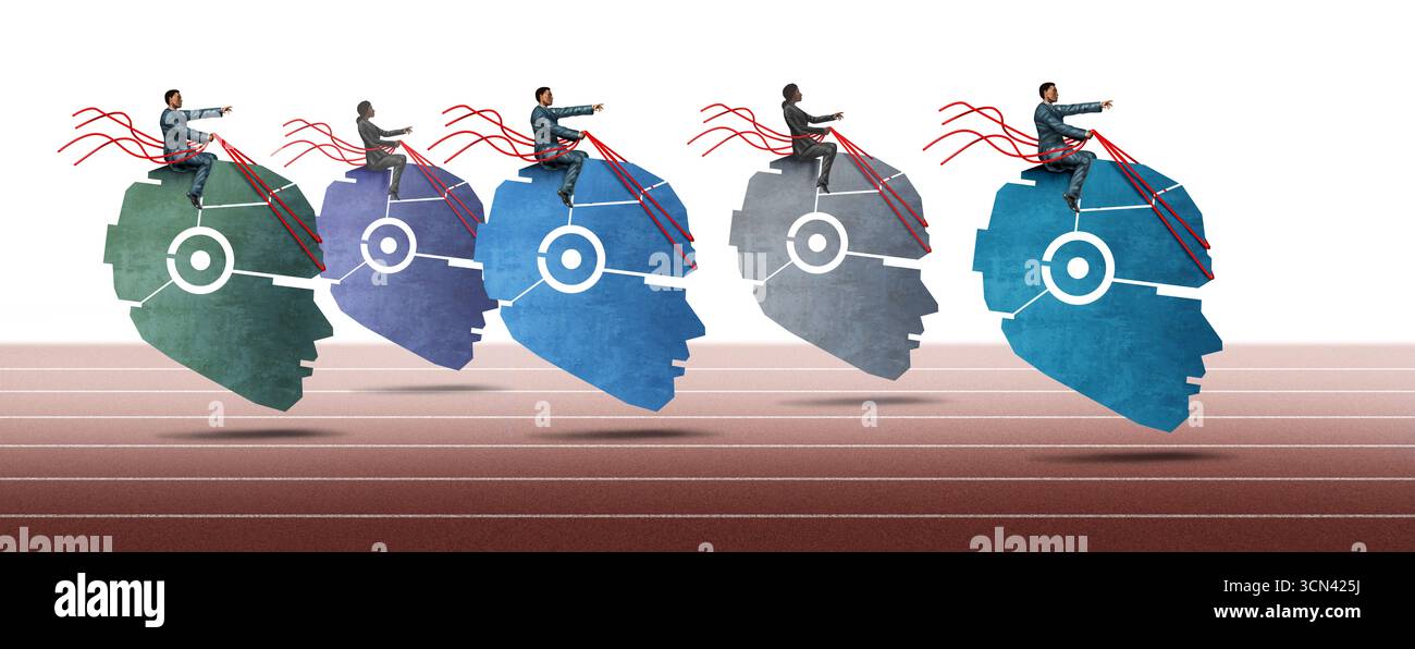 AI Technology Race come concorso di intelligenza artificiale per essere leader come robot tech o automazione robotica in competizione per la leadership di mercato in c Foto Stock