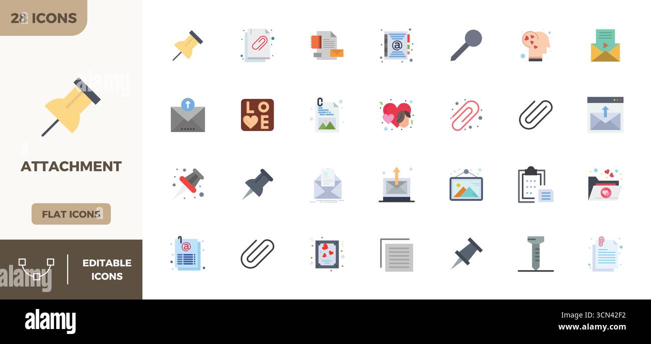 28 icone vettoriali colorate piatte attentamente curate per l'allegato, con risoluzione perfetta di 128 x 128 PIXEL per una rappresentazione e un utilizzo coerenti del marchio Illustrazione Vettoriale
