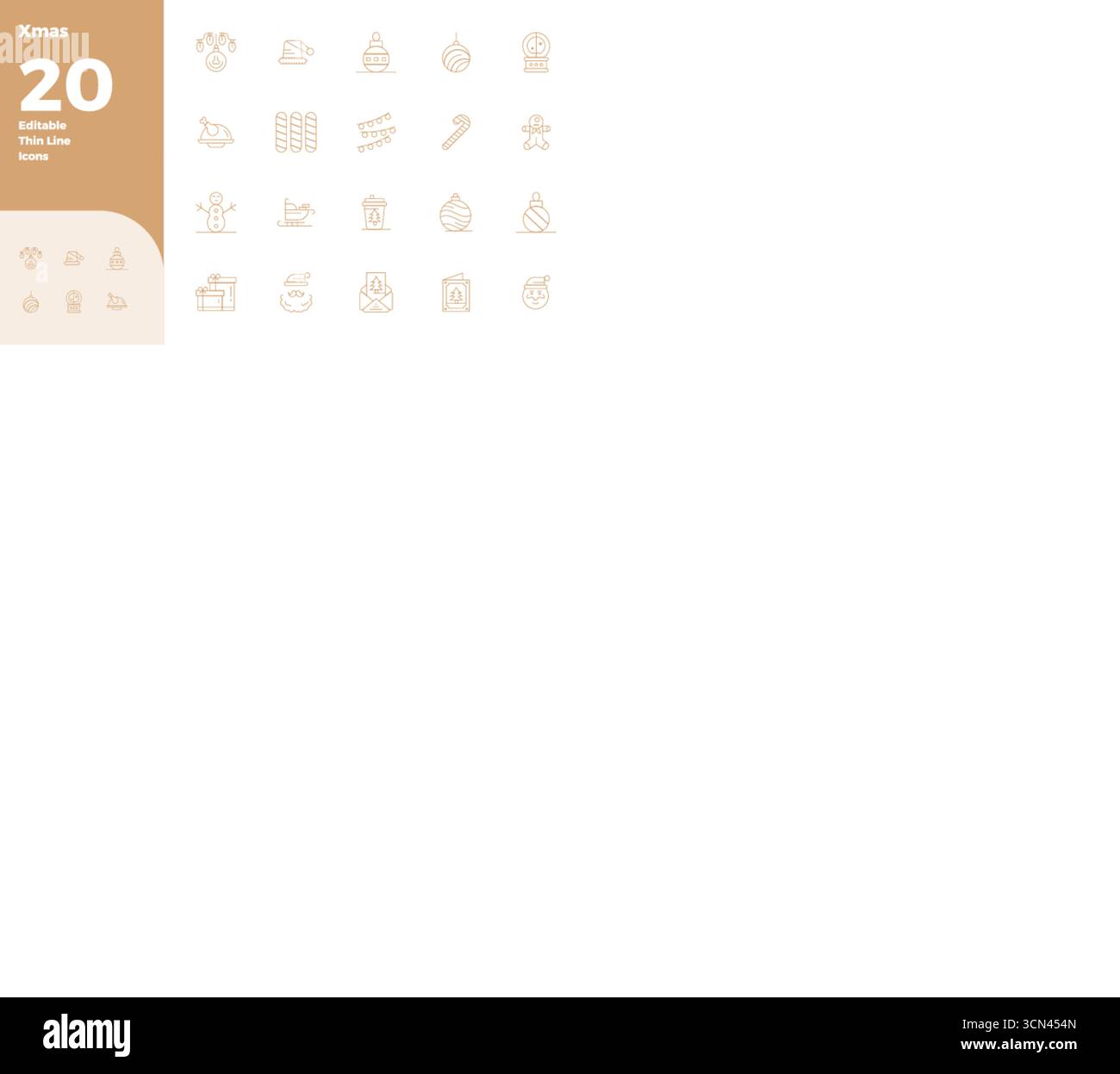 Pacchetto completo di 20 icone vettoriali a tema natalizio, con design Slim Line in 128 x 128 PIXEL, qualità perfetta per le interfacce moderne. Illustrazione Vettoriale