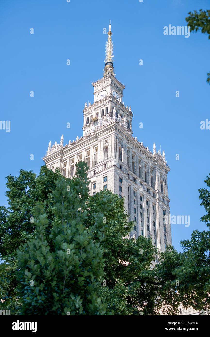 Varsavia, Polonia, Palazzo della Cultura e della Scienza, splendida struttura alta con elementi di design decorati, incorniciata da fogliame, che rappresenta una miscela di alta qualità Foto Stock
