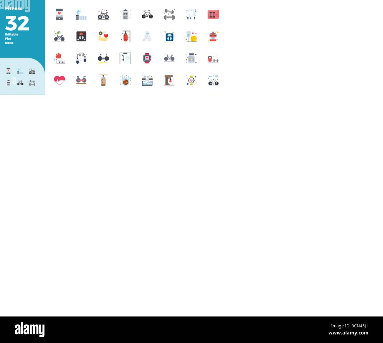 Un set dinamico di 32 icone vettoriali in colori piatti, personalizzato per fitness con 128x128 PIXEL DI qualità perfetta, adatto per i prodotti digitali. Illustrazione Vettoriale
