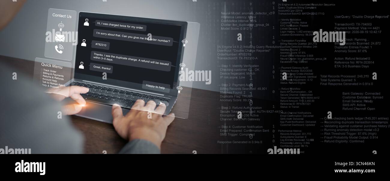 Assistente clienti chatbot AI che fornisce soluzioni rapide per i problemi di fatturazione e ordine, elaborando dati complessi in background per fornire informazioni accurate e precise Foto Stock