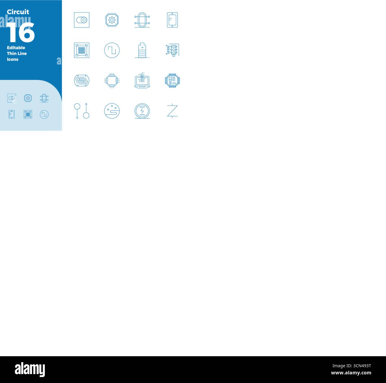 Confezione leader del settore di 16 icone vettoriali sottili PIXEL Perfect per Circuit, con dimensioni di 128 x 128 per un rendering ottimale e un'interfaccia utente eccellente. Illustrazione Vettoriale