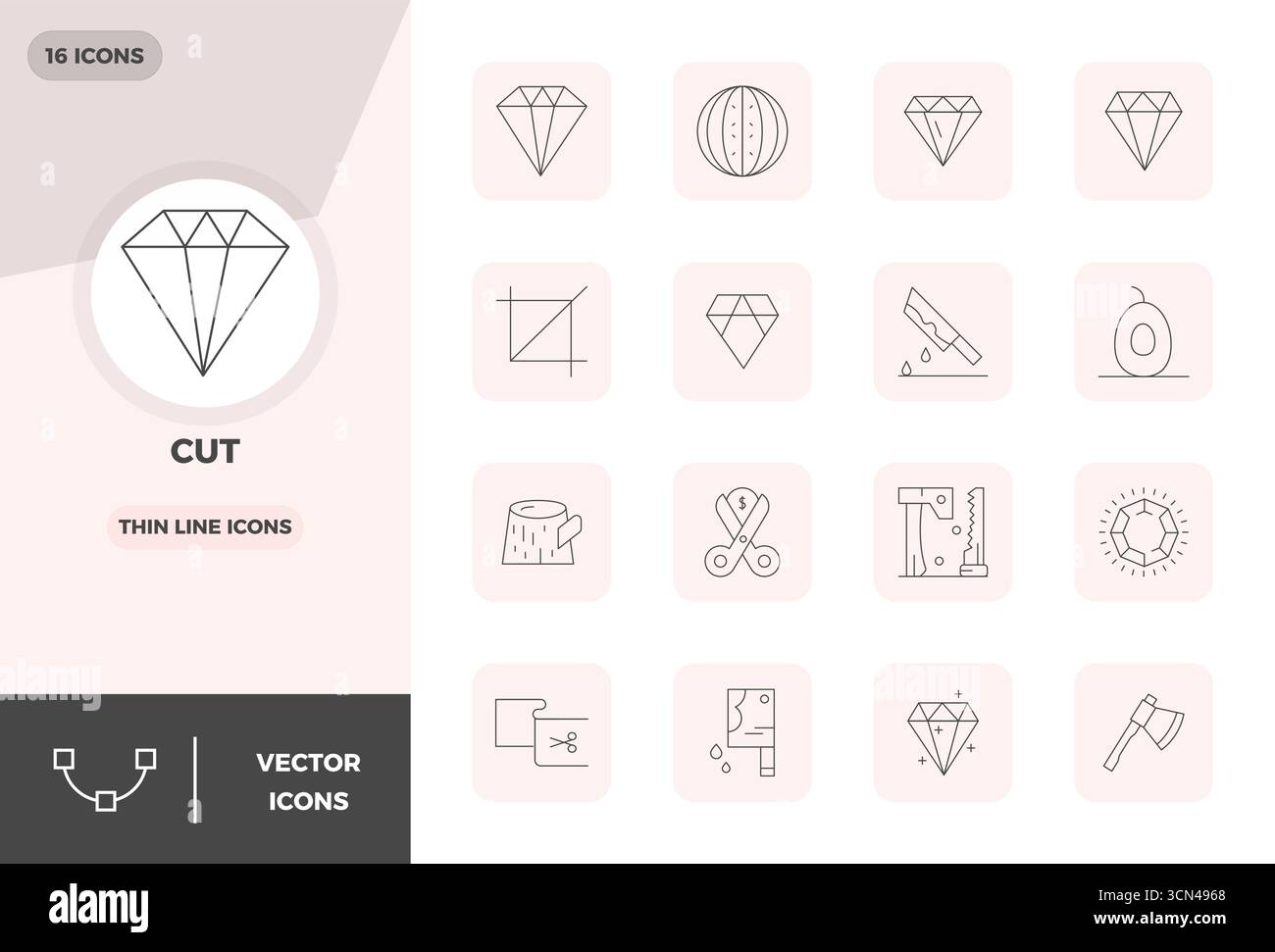 Confezione innovativa di 16 icone vettoriali incentrate su Cut, con design Slim Line in formato da 128 x 128 PIXEL perfetto per le moderne soluzioni digitali. Illustrazione Vettoriale