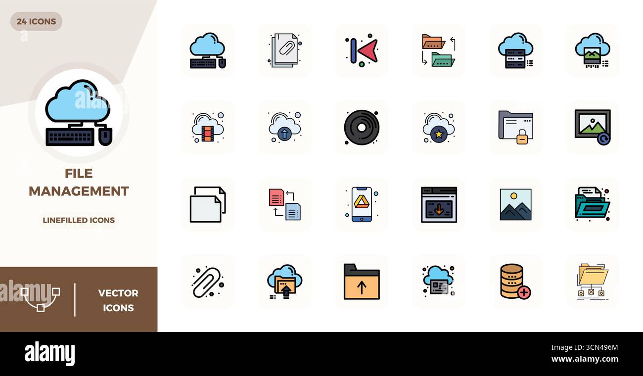 Sblocca 24 icone vettoriali piatte piene lineari ispirate alla gestione dei file, ottimizzate in formato 128x128 per una visualizzazione impeccabile su tutti i dispositivi Illustrazione Vettoriale